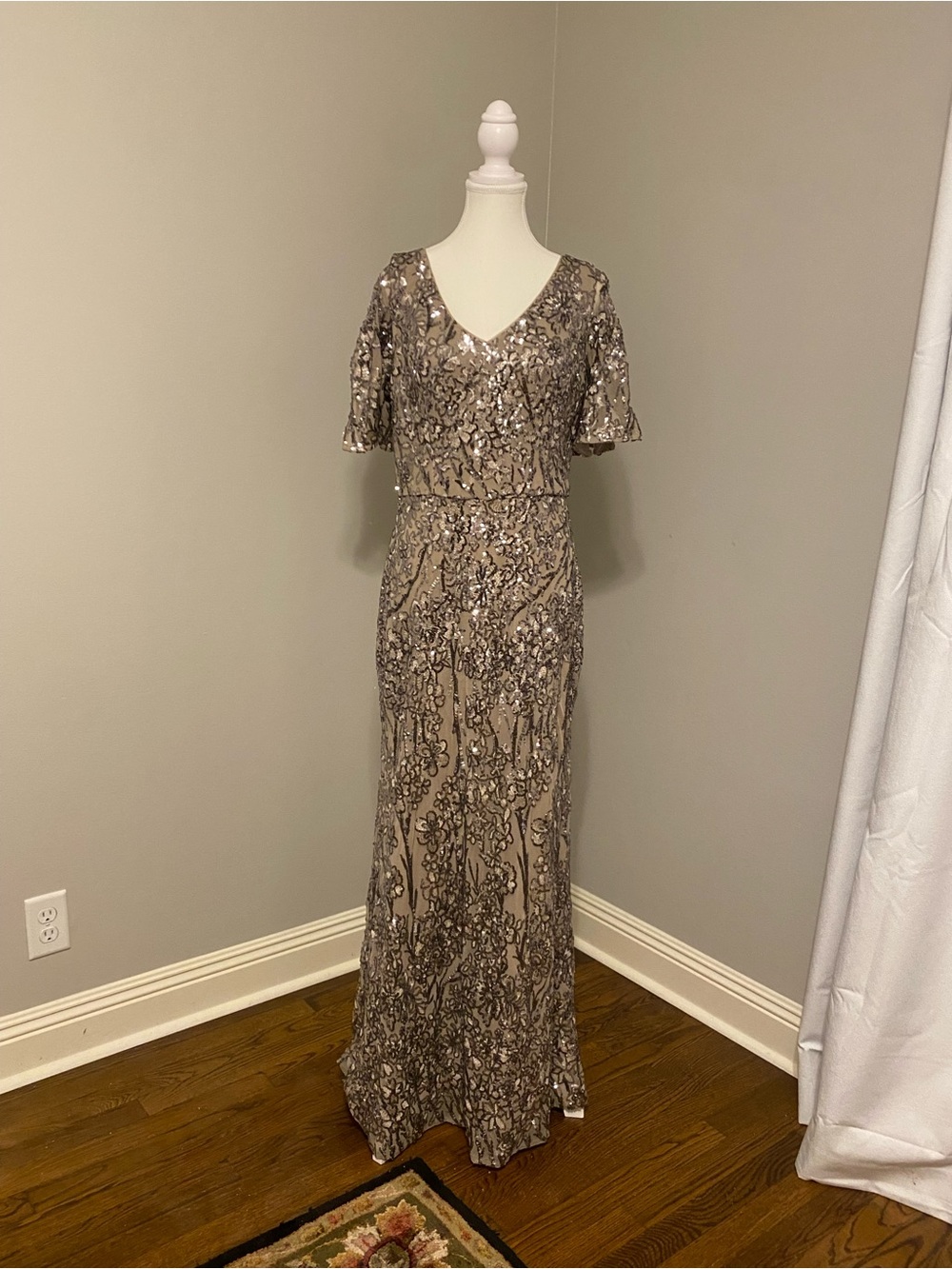 Alex Evenings Taupe Sequin Embellished V-Neck Maxi Dress